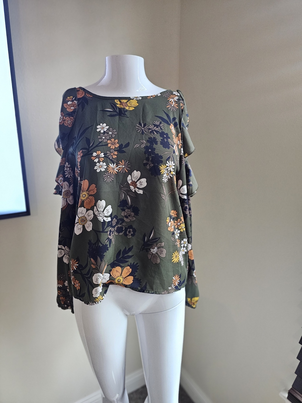 Olive Floral Cold-Shoulder Women's Top